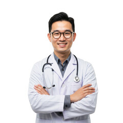 Fototapeta premium Professional asian male doctor wearing glasses and lab coat with stethoscope smiling confidently isolated on transparent background