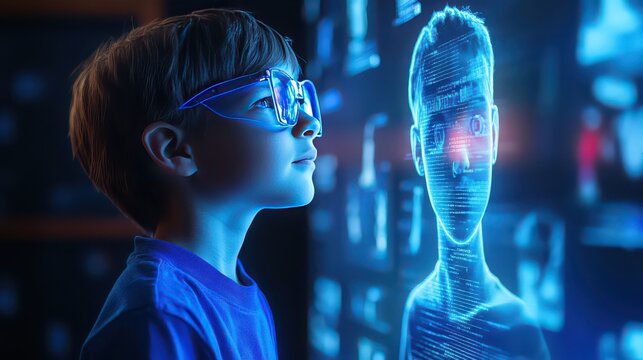 A young boy with augmented reality glasses looking at a blue holographic human figure on a screen