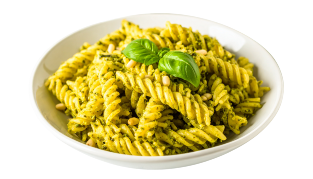 Delicious Italian spaghetti with fresh green sauce in a bowl