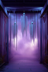 Vertical shot of a haunted house entrance with hanging ghosts, chains, and eerie purple lighting.