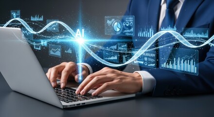 Artificial Intelligence in Business: Man Typing on Laptop with AI Interface Overlays