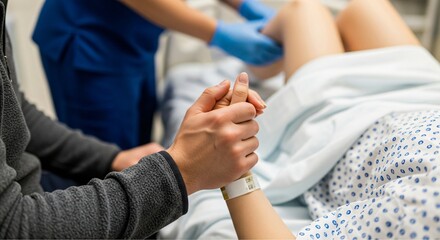 Fototapeta premium Supportive partner holding hand during childbirth with caring medical staff providing comfort and care in a hospital maternity ward