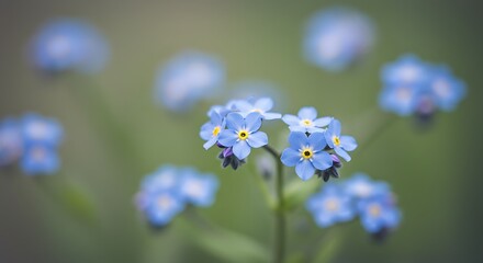 One closeup of tiny true forget-me-nots (Myosotis scorpioides) against blurred background