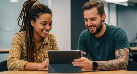 Diverse couple smiling while looking at tablet happy