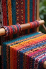 Artisan Hand Weaving Vibrant Multicolored Fabric – Traditional Textile Craftwork Close-Up