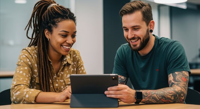 Diverse couple smiling while looking at tablet happy