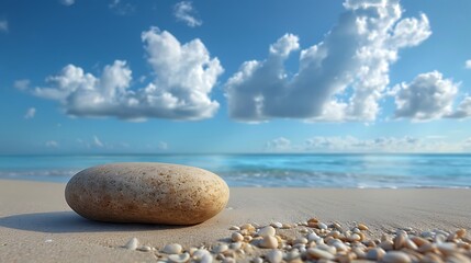 Serene coastal view with a large, polished pebble on the sand, bright blue sky and ocean.