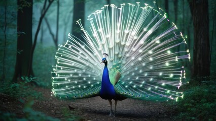 Obraz premium Peacock in forest with vibrant tail
