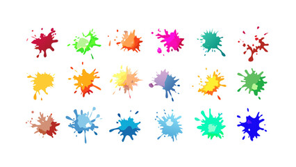 Collection of vibrant paint splatters arranged in a grid pattern on a white background art design