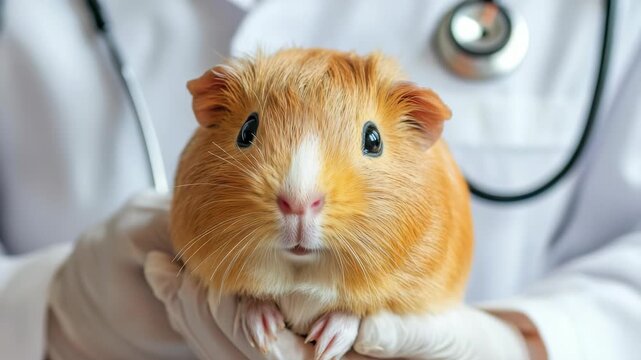 A vet holds a ginger and white guinea pig in gloved hands, with a stethoscope around their neck. The guinea pig is facing forward, looking at the camera with curiosity during a check-up.