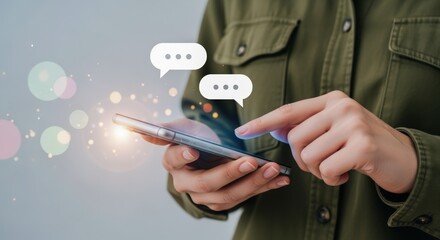 Businesswoman Using Mobile Phone for Communication with Speech Bubbles Overlaid for Advertising or Marketing