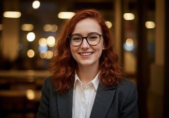 Smiling redhead woman wearing glasses and a suit jacket