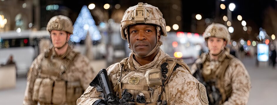 Three special forces soldiers stand together on a city street at night, poised for an important mission while surveying their surroundings