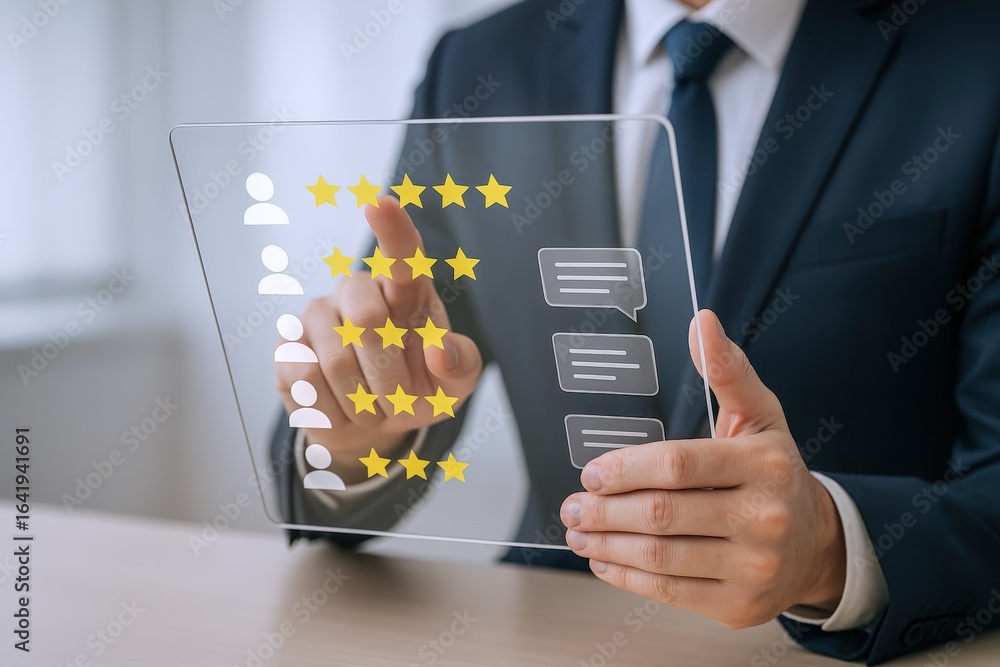 Poster customer feedback interface: businessman interacting with digital review platform for improved servi