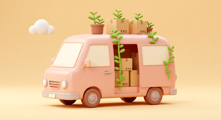 Obraz premium Cartoon van with boxes and plants on beige background