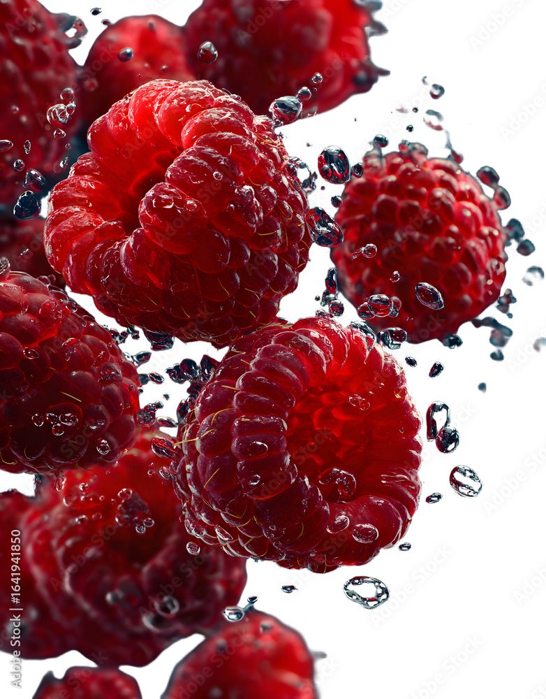 Poster red falling raspberry berries isolated on transparent