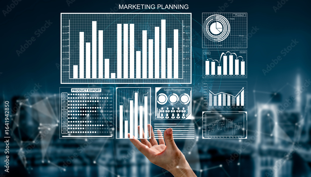 Aufkleber a digital representation of marketing analytics and graphs showcases hands reaching out. this image 