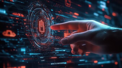 A hand interacting with a holographic interface displaying a battery icon and digital data streams