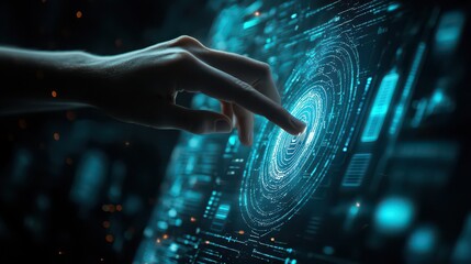 A hand interacting with a glowing blue futuristic interface with circular patterns and data streams