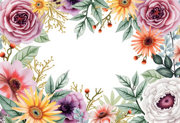 This vibrant floral border showcases a beautiful arrangement of roses, daisies, and other flowers with lush green leaves. Ideal for invitations or artwork.