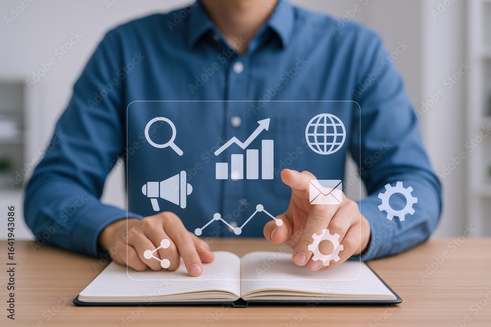 Poster digital marketing strategy visualization: man interacting with virtual icons on notebook in modern o