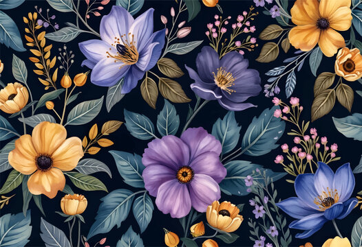 Brightly colored flowers in shades of purple, yellow, and blue flourish against a dark backdrop.