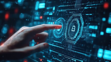 Finger interacting with a digital interface featuring a lock icon and abstract data visualization