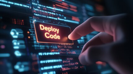 A finger pressing a deploy code button on a screen filled with digital code and data visuals