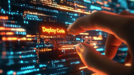 A hand interacting with a digital screen displaying code and the words deploy code in orange text