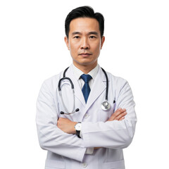 Fototapeta premium Professional asian male doctor wearing white lab coat and stethoscope with arms crossed isolated on transparent background