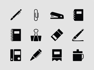 Black Silhouette Icons Of Office Supplies And Stationery