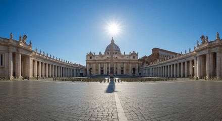 Obraz premium A view of the Apostolic Palace and colonnade in Vatican City under a clear blue sky. - scenic perspective