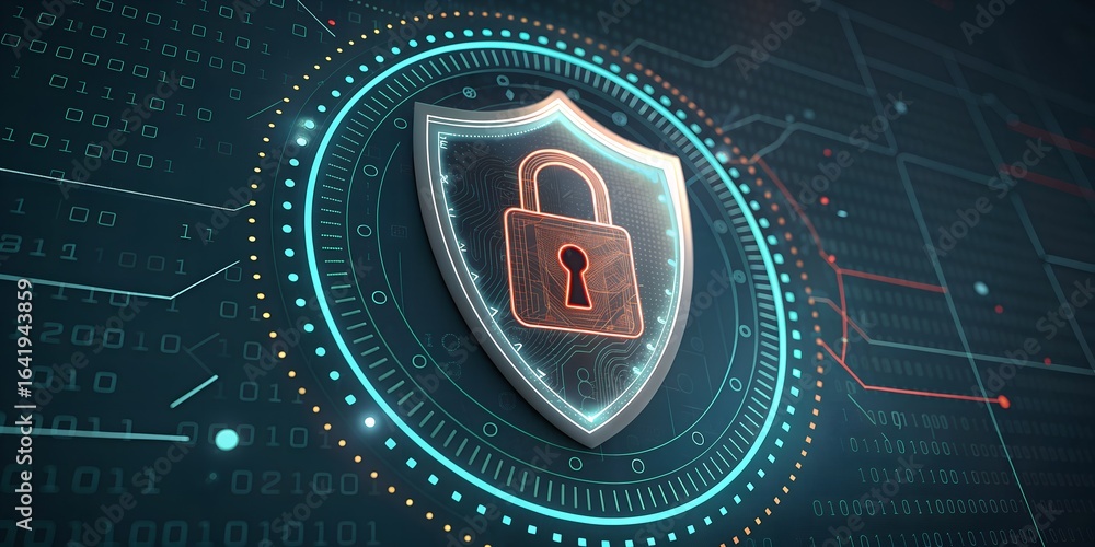Aufkleber photo of a digital shield with a padlock in the center, representing cybersecurity and data protecti