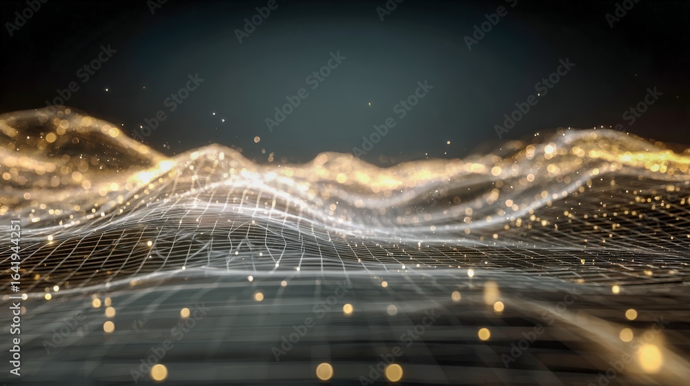 Poster futuristic abstract technology background with glowing particles and digital wireframe surface for m