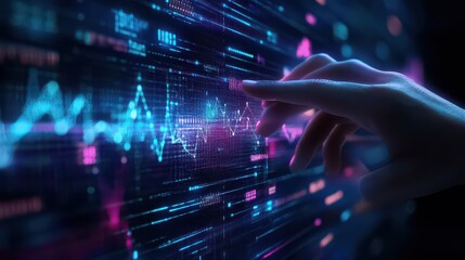 A hand interacting with a digital interface displaying data graphs and abstract visual information