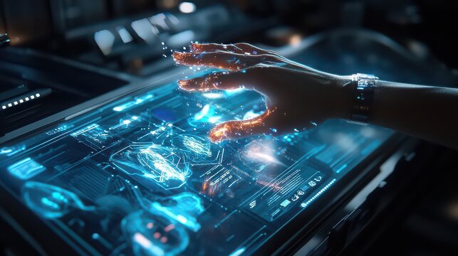 A hand interacting with a futuristic holographic display with glowing elements and a smart watch on the wrist