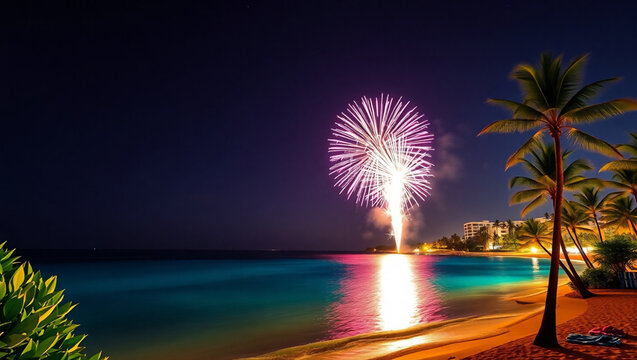 Colorful fireworks exploding over the ocean at night with palm trees  