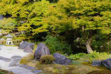 Japanese garden with pond, stone lantern and lush green foliage in Kyoto