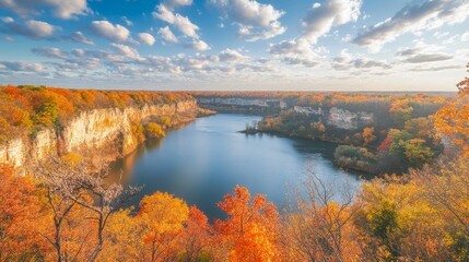 Illinois' Starved Rock State Park is beautiful in the fall.  See the colorful autumn leaves and towering stone cliffs of French Canyon.

