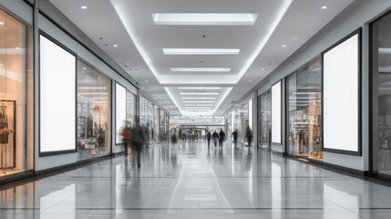 Contemporary Shopping Mall Interior with Blank Advertising Displays and Blurred People Walking, Ideal for Retail Concepts