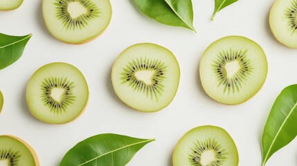 Fototapeta premium Kiwi fruit slices with a green leaf, shown against a white background. 
