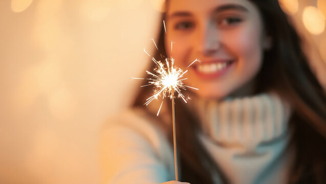 Young woman smiling while holding sparkler in festive atmosphere  