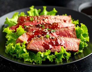 Slices of steak with sauce on lettuce