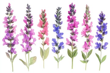 Naklejka premium A set of bright wild sage flowers, isolated against a clear background