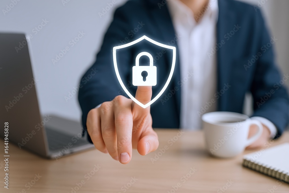 Poster online security concept: man activating digital shield with padlock for data protection and cybersec