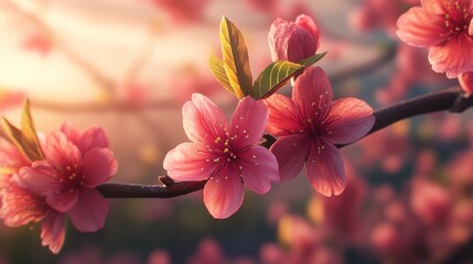 Pink cherry tree flowers blooming in spring.
