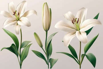 Fototapeta premium A set of delicate wild lily flowers, blooms, isolated against a transparent background