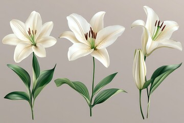 Fototapeta premium A set of delicate wild lily flowers, blooms, isolated against a transparent background
