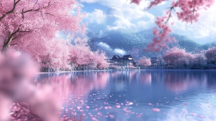 Pink cherry tree flowers blooming in spring.
