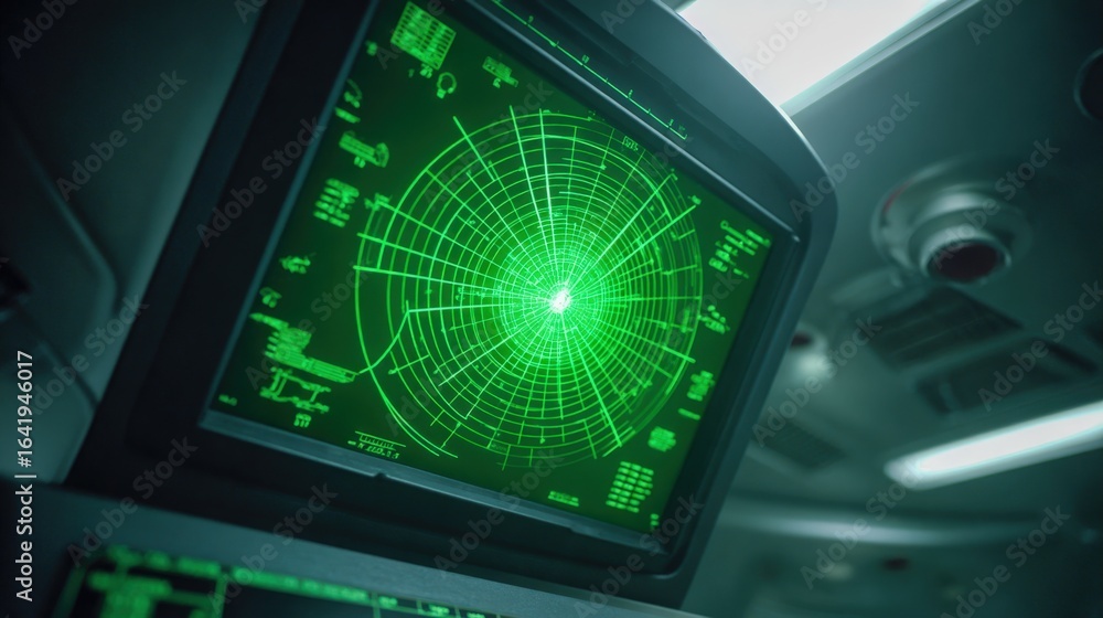 Aufkleber radar screen displaying green scanning grid in control room for navigation and surveillance